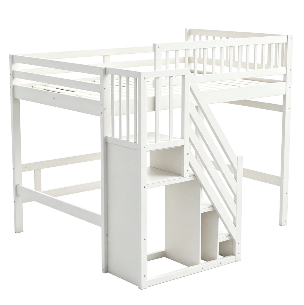 Letto rialzato 140x200 bianco con scala contenitore e sponda alta