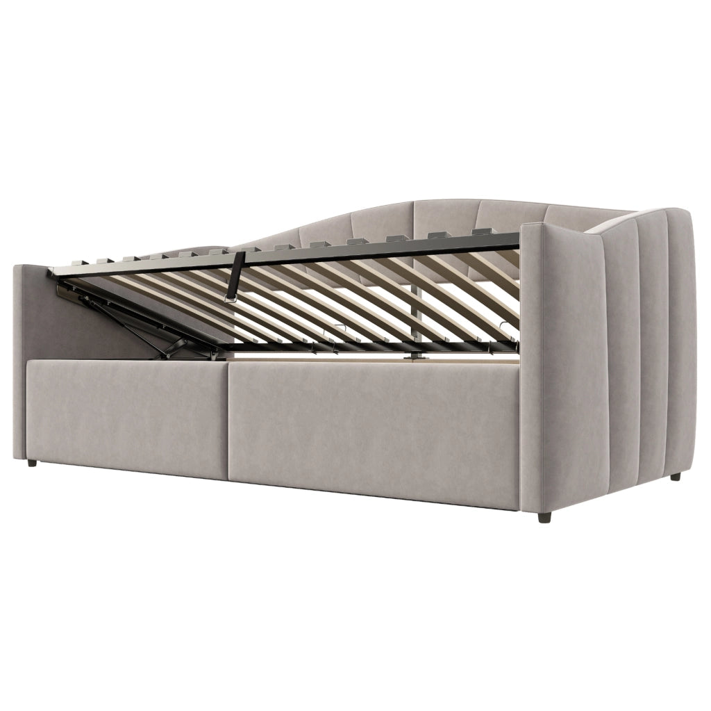 Divano letto imbottito con contenitore idraulico 90x200 cm; velluto; grigio chiaro