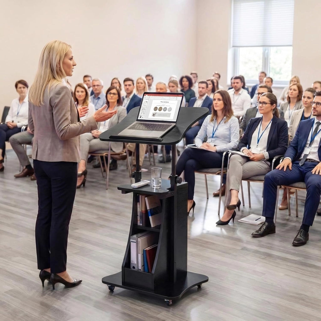 Leggio per Oratori, Podio per Conferenza con Ruote Bloccabile, Altezza Regolabile, Piano Ribaltabile e Armadietto Aperto, Leggio da Pulpito in Legno per Aula, Ufficio e Seminario (Nero)