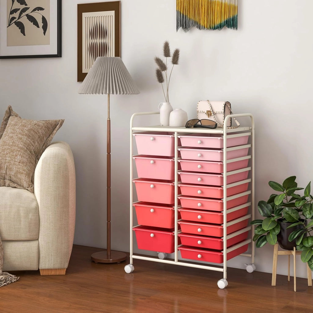 Carrello con 15 Cassetti, Impilabile, con Ruote Bloccabili per Cucina, Bagno, Ufficio - 63 x 37 x 87 cm (Rosa)