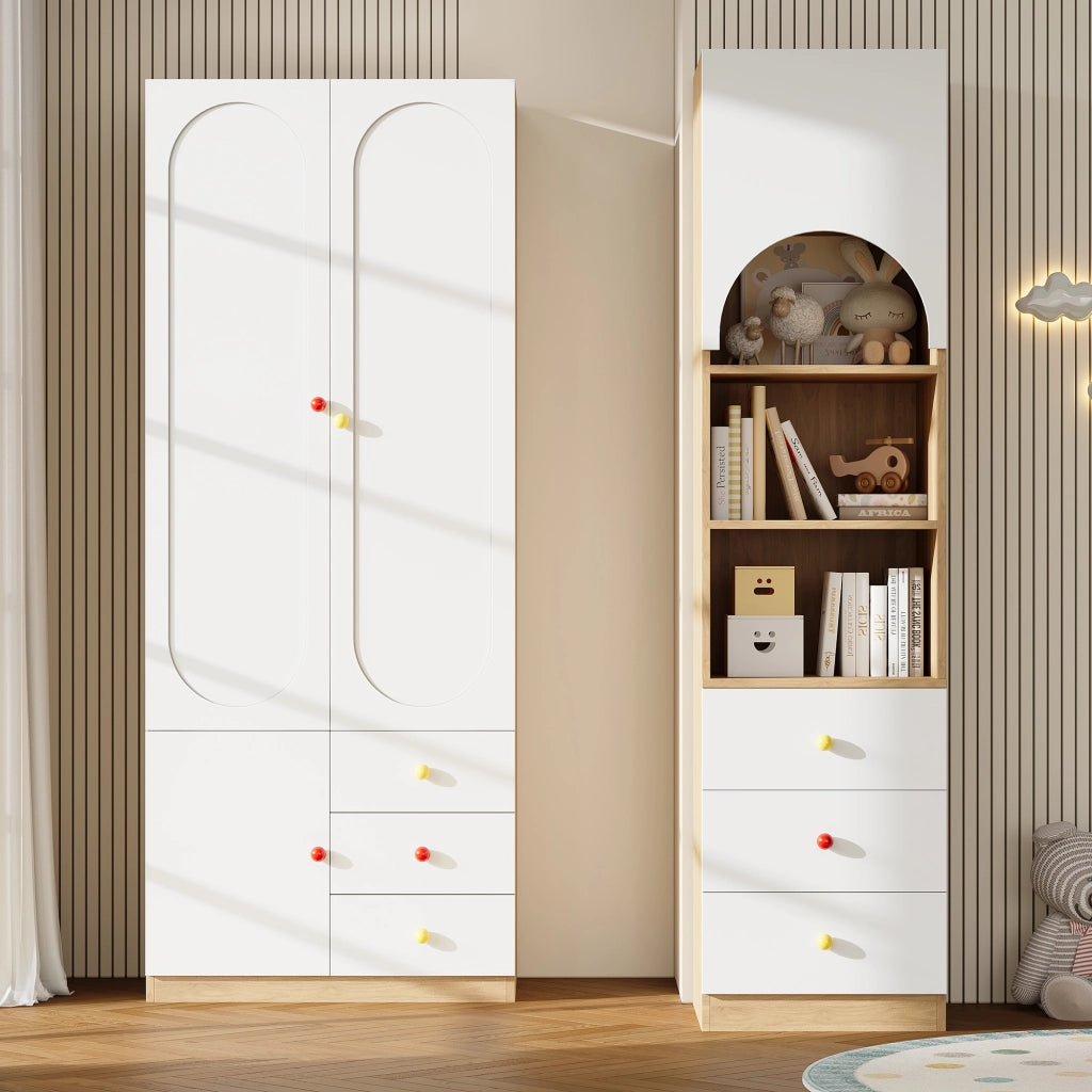 Set armadio e scaffale con ante e cassetti in MDF bianco e naturale