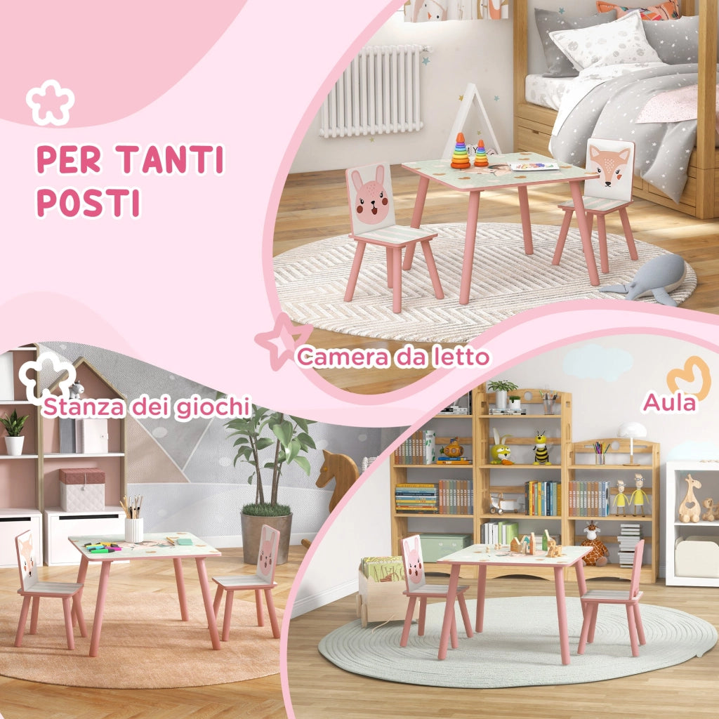 Set Tavolo con 2 Sedie per Bambini in Legno di Pino e MDF Rosa