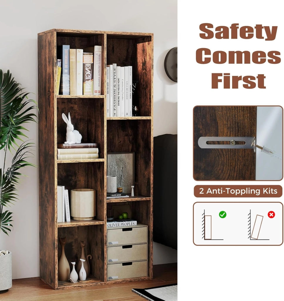 Libreria Verticale con 8 Cubi, Mobile Contenitore in Legno, con 2 Dispositivi Antiribaltamento, Libreria Scaffale per Soggiorno, Camera da Letto, Ufficio, 49,5 x 23 x 106 cm (Marrone)