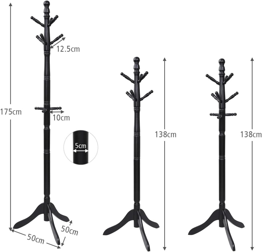 Appendiabiti da Terra con 9 Ganci In Legno di Gomma, Attaccapanni da Ingresso Stabile con Base a Tre Gambe, per Corridoio, Camera da Letto 50x50x138-175 cm, 3 Colori