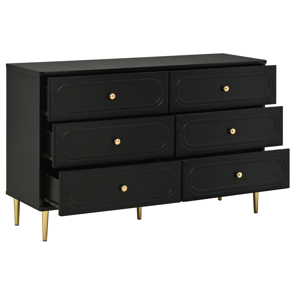 Credenza ULEVR 120x40x75 cm con 6 cassetti e gambe in metallo, nera