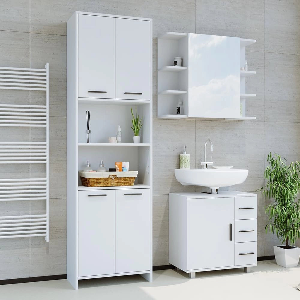 Set di mobili da bagno Maris, Bianco, 2 pezzi, con colonna e mobile a specchio per bagno, composto da armadio alto e armadietto a specchio