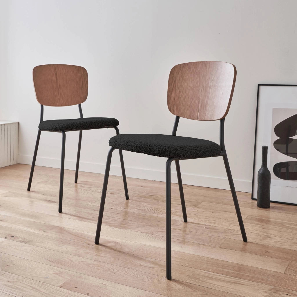 Set 2 sedie bouclé struttura in legno con gambe in metallo, nero