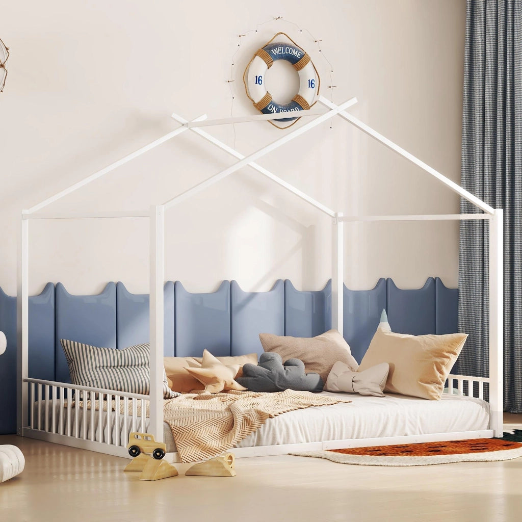 Letto per Bambini Letto Matrimoniale 140×200 cm con Struttura a Casetta; senza Materasso; in Metallo; Bianco