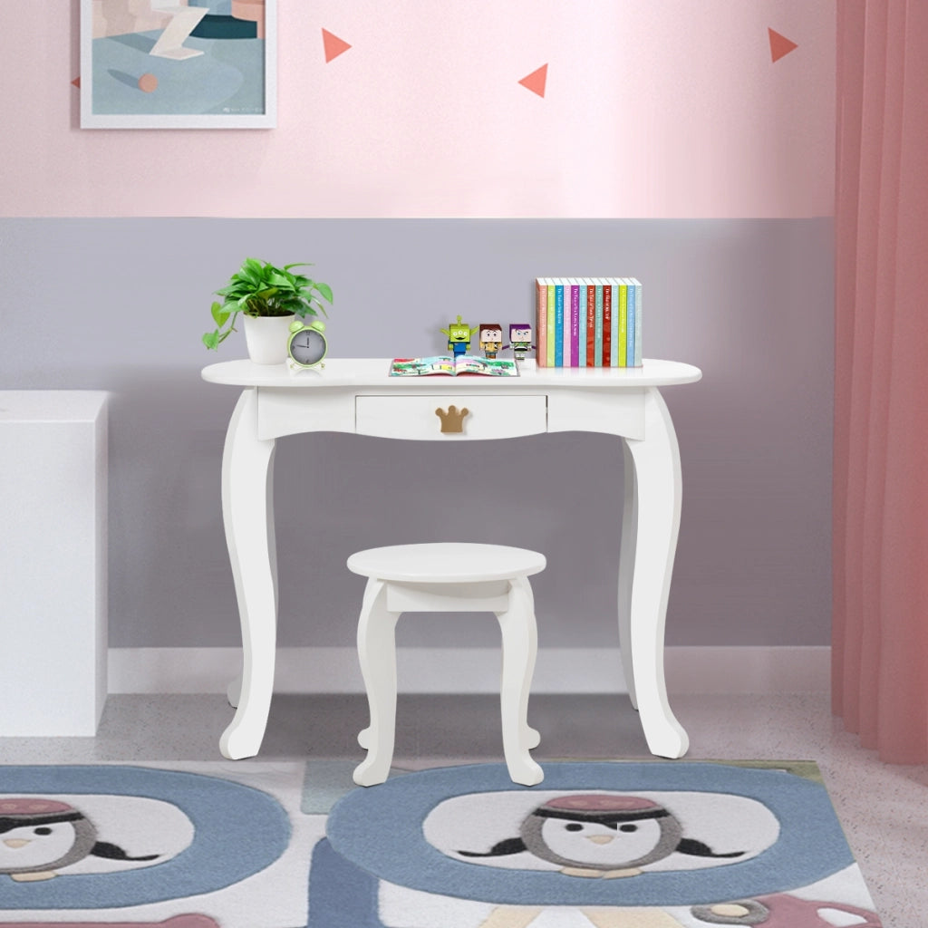 Set toeletta e sedia per bambine con cassetto, Toeletta 2 in 1 con superficie smontabile, Bianco-Toelette per bimbi
