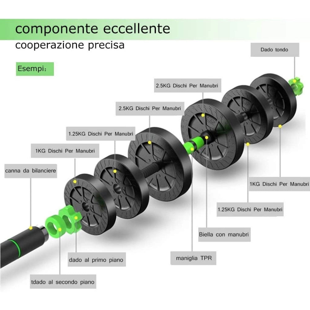 Trade Shop - Kit 2in1 Bilanciere + Manubri Con Pesi Regolabili Componibili Tot 40 Kg Palestra -