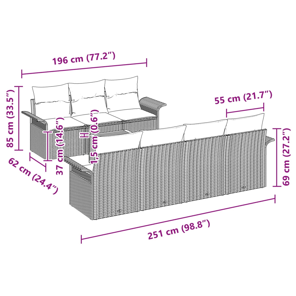 Set da Giardino 8 Pezzi con Cuscini in Polyrattan Nero