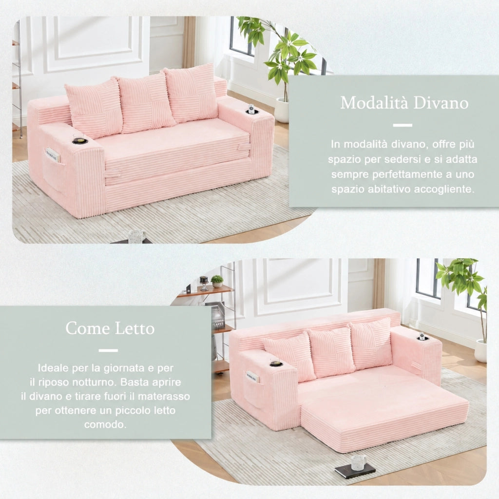 Divano tre posti in velluto a coste rosa; modulare salvaspazio con porta bicchieri