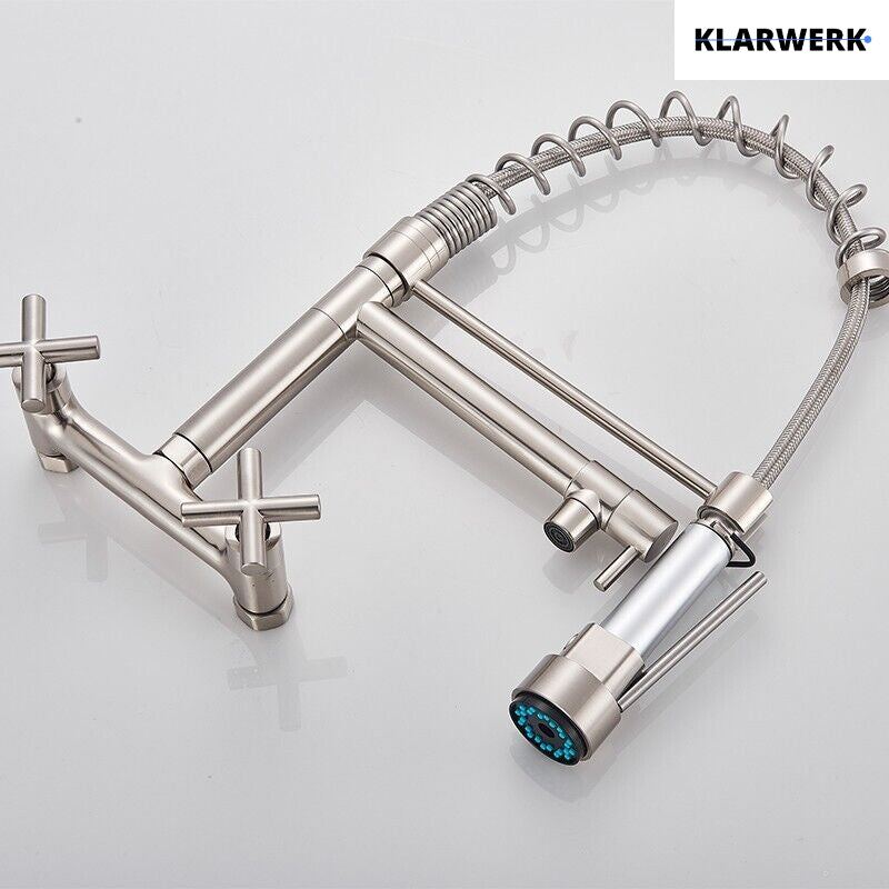 Bjorn | Rubinetto da parete gastronomia argent Rubinetto cucina professionale in acciaio inox con due doccette|doppio lavello da parete ristorante