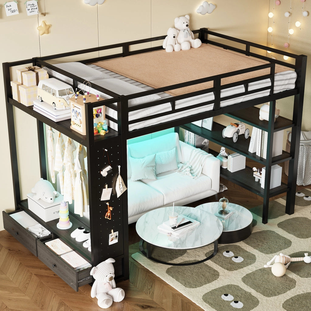 Letto a Soppalco con Armadio Aperto e LED ¨C MINIMAL ¨C Metallo Nero 140x200