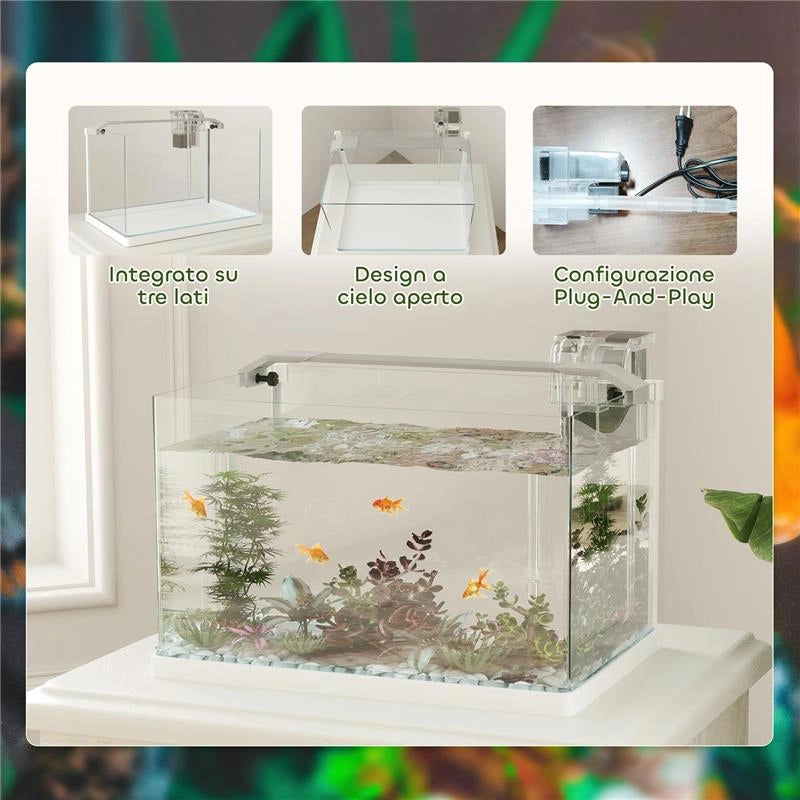 ACQUARIO IN VETRO CON LUCI LED DA 20L FILTRO E POMPA D'ACQUA 38X26X27 CM BIANCO