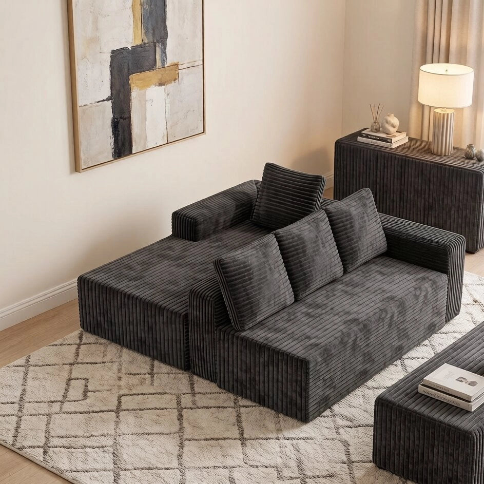 Divano angolare modulare a L con chaise longue reversibile e seduta profonda in velluto a coste - grigio