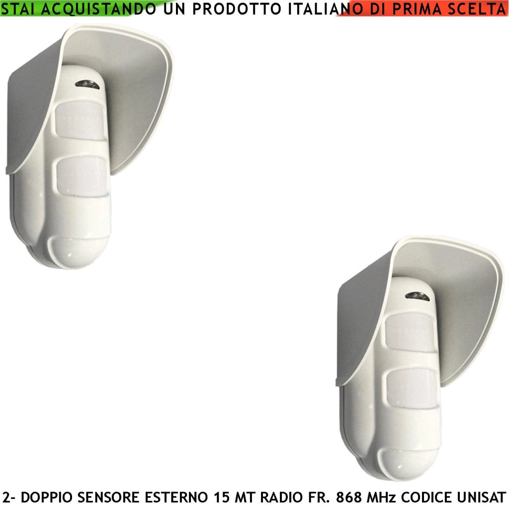 Rilevatore Movimento Doppia Tecnologia da Esterno 2 Pezzi Copertura 15 Metri Grandangolo o 25 Metri Tenda Via Radio Freq. 868 MHz Bidirezionale Codice UNISAT