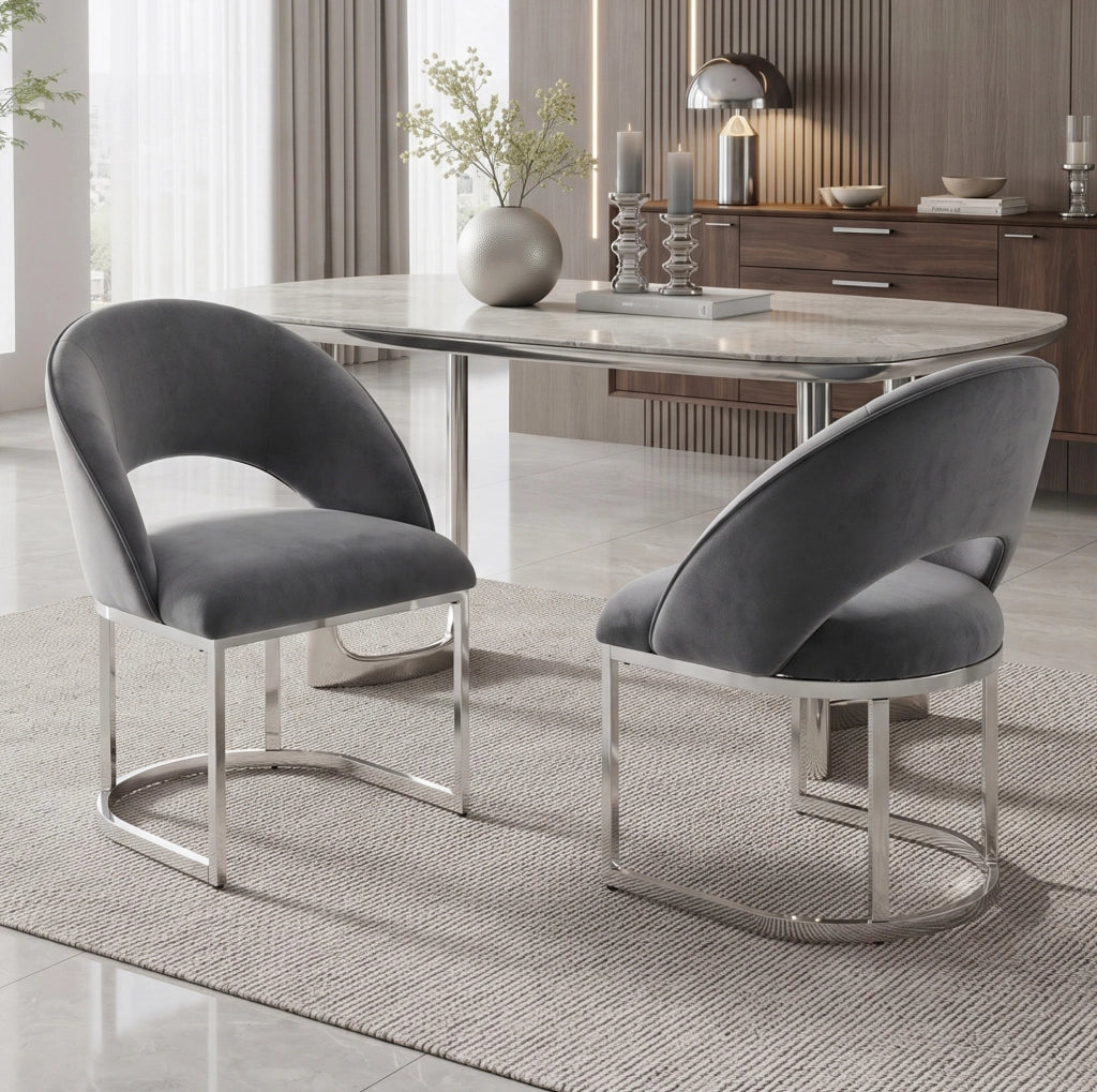 Set di 2 sedie da pranzo 67.01x61.01x53.19 cm in velluto; gambe in metallo; grigio e argento