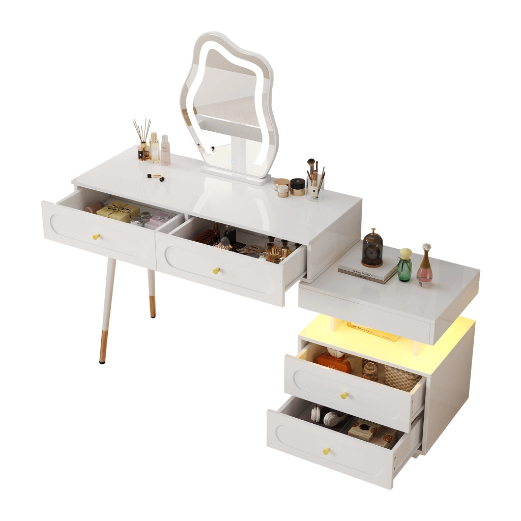 Tavolo da trucco con specchio LED, 4 cassetti e vano aperto, design salvaspazio per camera da letto, bianco, 140¡Á40¡Á130 cm