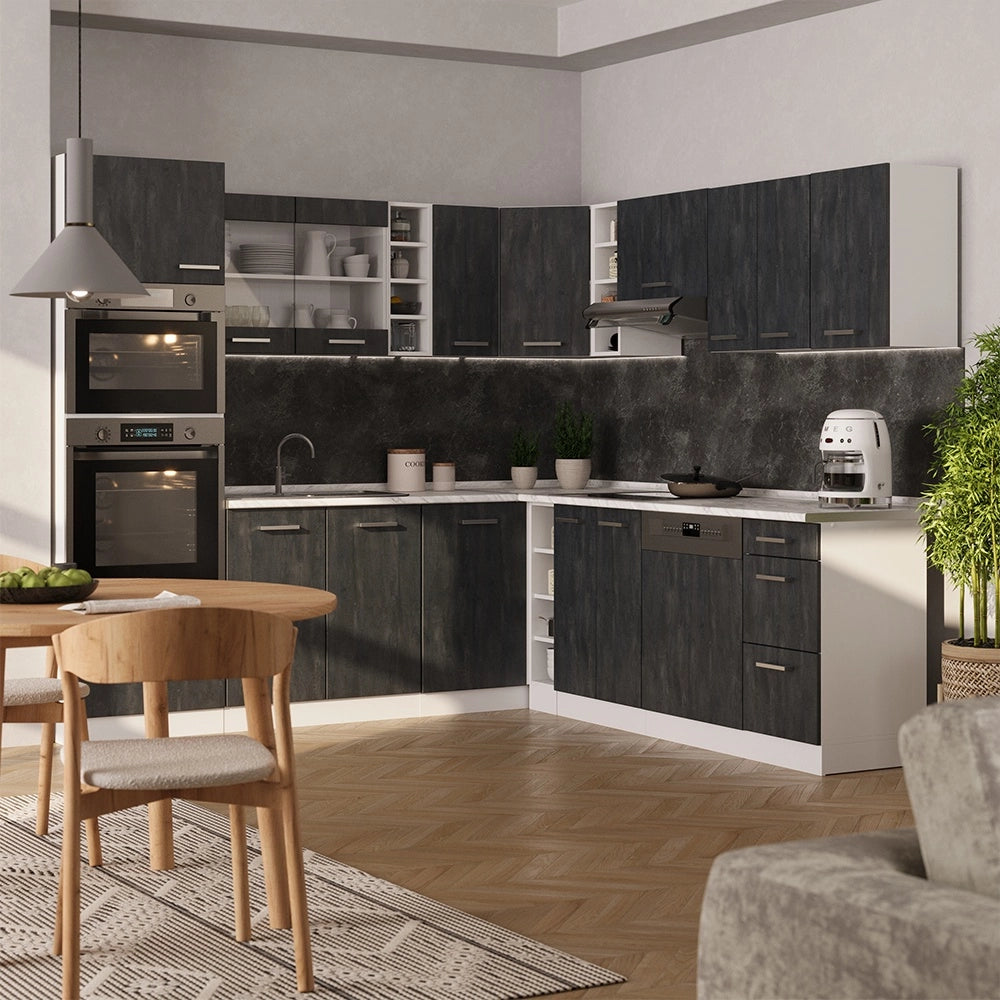 Cucina angolare completa R-Line Calce nera/Bianco 247 x 237 cm PL Marmo Vicco