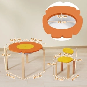Set tavolo e 4 sedie per bambini con contenitore centrale, forma floreale, multicolor, in legno