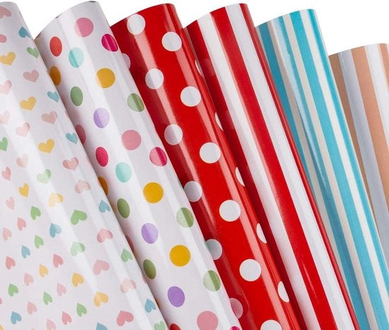Papier da Regalo - Punti, Cuori, Strisce - Imballaggio Colorato per Regali - 6 Fogli Piegati - 50 cm x 70 cm Per Foglio