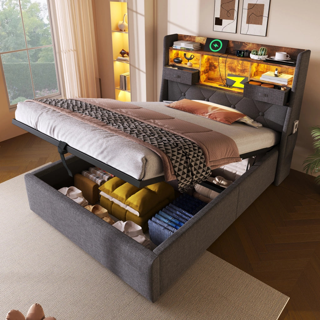 LETTO contenitore 90x200 cm in lino grigio con LED, USB e testiera con ripiano