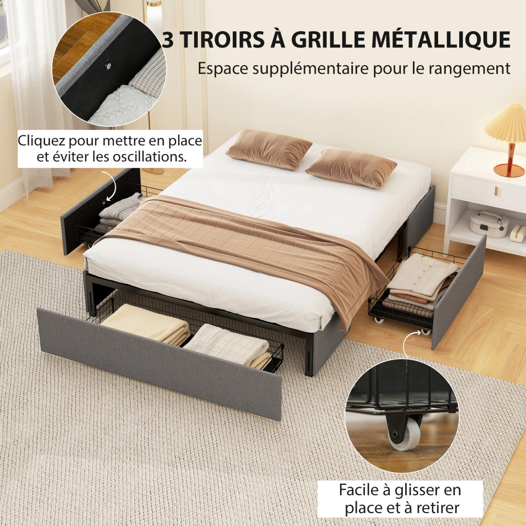 Letto contenitore matrimoniale imbottito con 3 cassetti e rete a doghe ¨C zephmum ¨C grigio 140x190 cm
