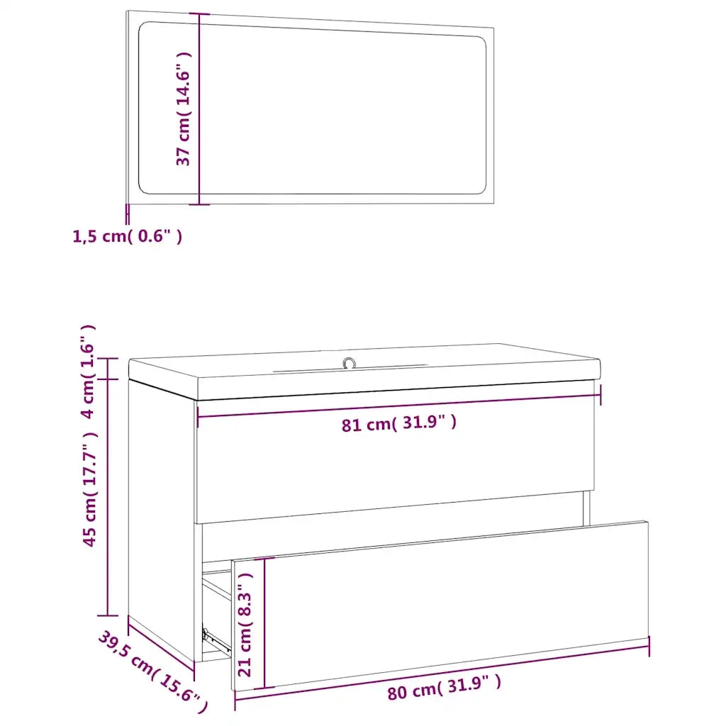 Mobile bagno con specchio e armadietto contenitore 80 x 39,5 x 45 cm in legno composito finitura rovere affumicato 02_0055243