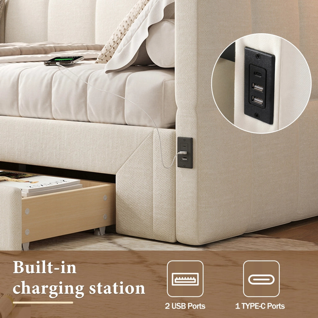 Letto a scomparsa imbottito 90x200 - Xylo - 2 cassetti USB beige