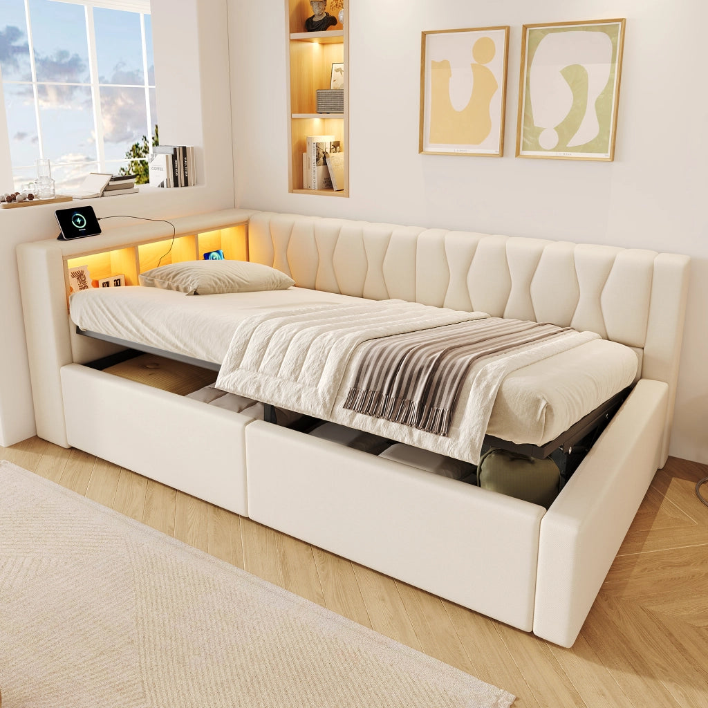 Letto singolo 90x200 cm beige con contenitore idraulico; LED dimmerabile e mensole