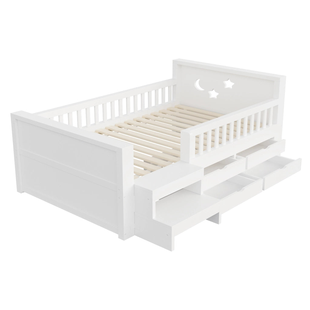 Letto singolo per bambini 90x200 cm con 4 cassetti; testiera stelle e luna; gradino; sponda e LED; legno bianco