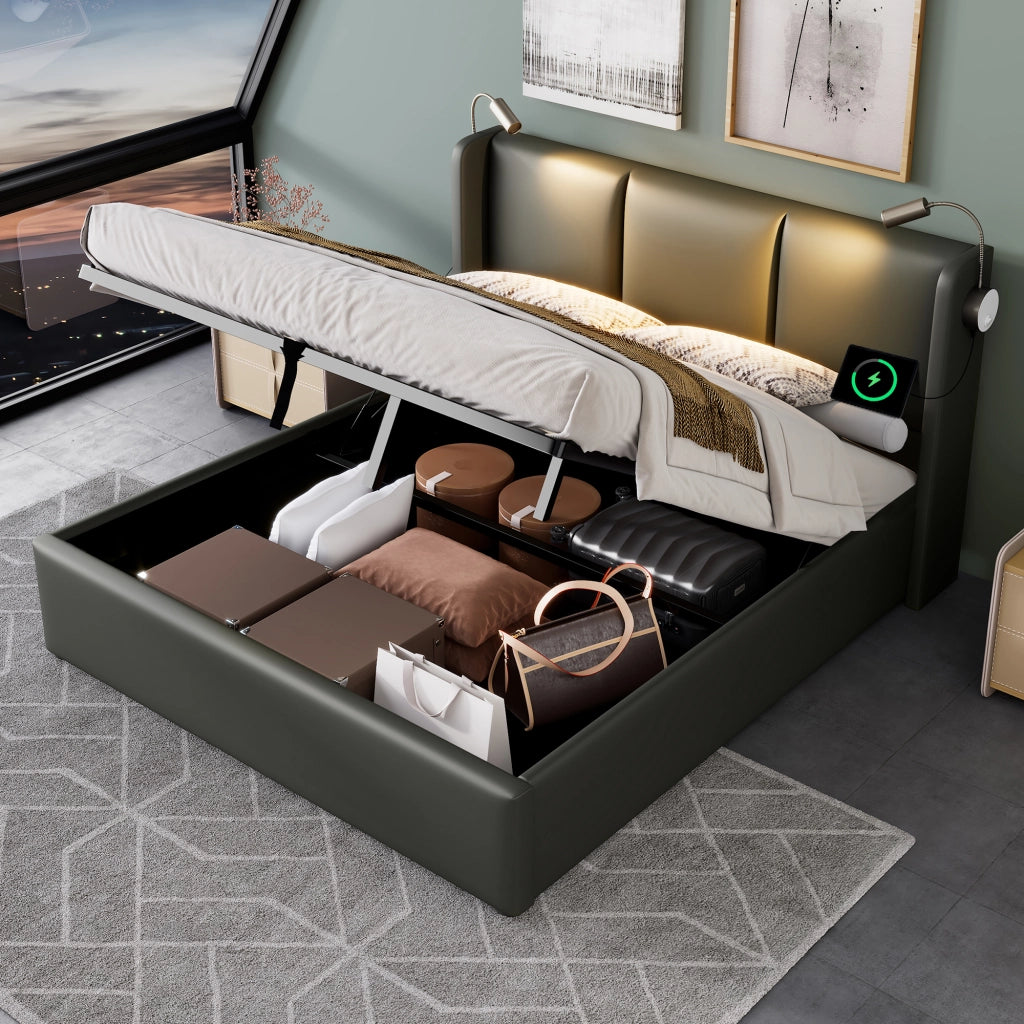 OKWISH Letto Contenitore 140×200 cm, Letto Matrimoniale con Vano, Lampada da Lettura, USB e Tipo C, senza Materasso, in PU, Grigio