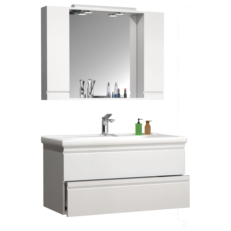 Sistema di Ezooza Set Bagno Completo 3 Pezzi Mobile con Lavabo Extra Large + Pensile a specchio, Bianco ,