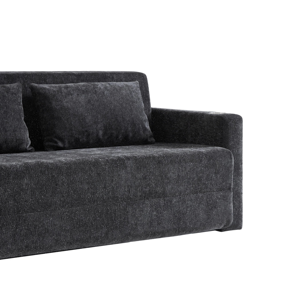Divano letto 2 posti 153x77x65 cm in ciniglia grigio nero con USB e 2 cuscini