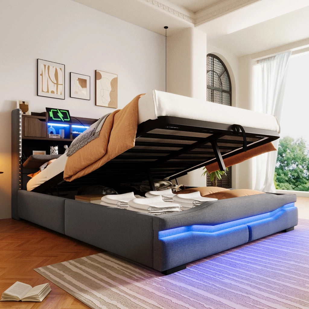 Letto matrimoniale 140x200 cm, con prese di ricarica, luci a LED, vano portaoggetti, grigio