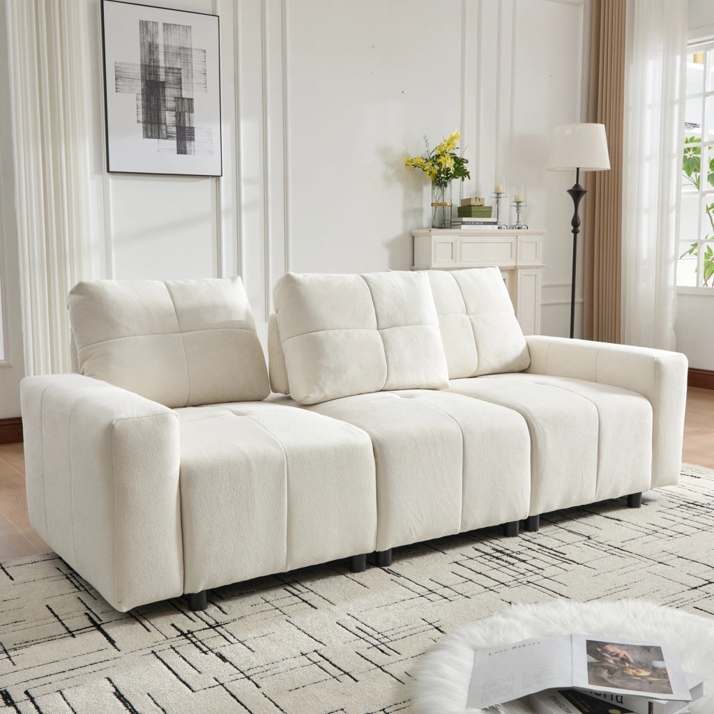 Divano modulare a 3 posti con funzione letto e schienale regolabile in ciniglia beige bianco 213 × 94 × 84 cm