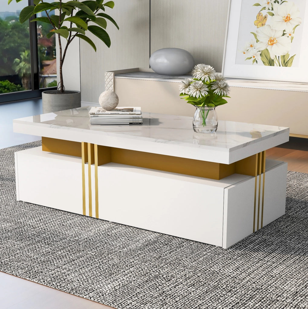 Tavolino da caffè bianco 100x50x40 cm con 2 cassetti e piano marmorizzato