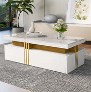 Tavolino da caffè bianco 100x50x40 cm con 2 cassetti e piano marmorizzato