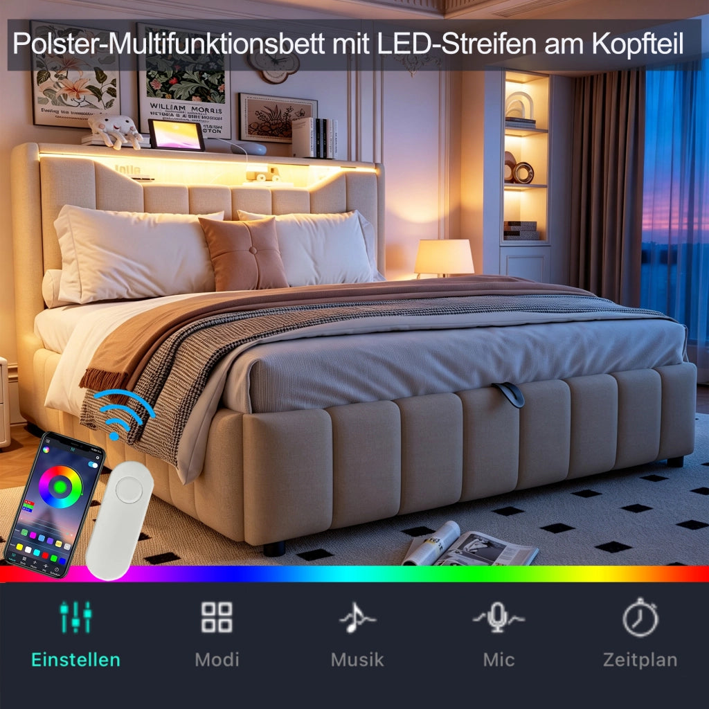 Letto contenitore 140 × 200 cm con sistema idraulico, LED, USB e USB-C, testiera con vani, senza materasso, beige