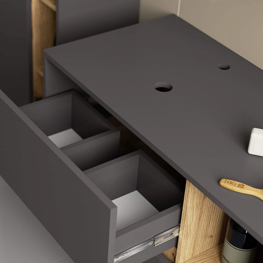 Mobile bagno senza lavabo VAMI sospeso Grigio Grafite, Rovere Artisan 90 cm 2 cassetti 90x45,5x60 cm