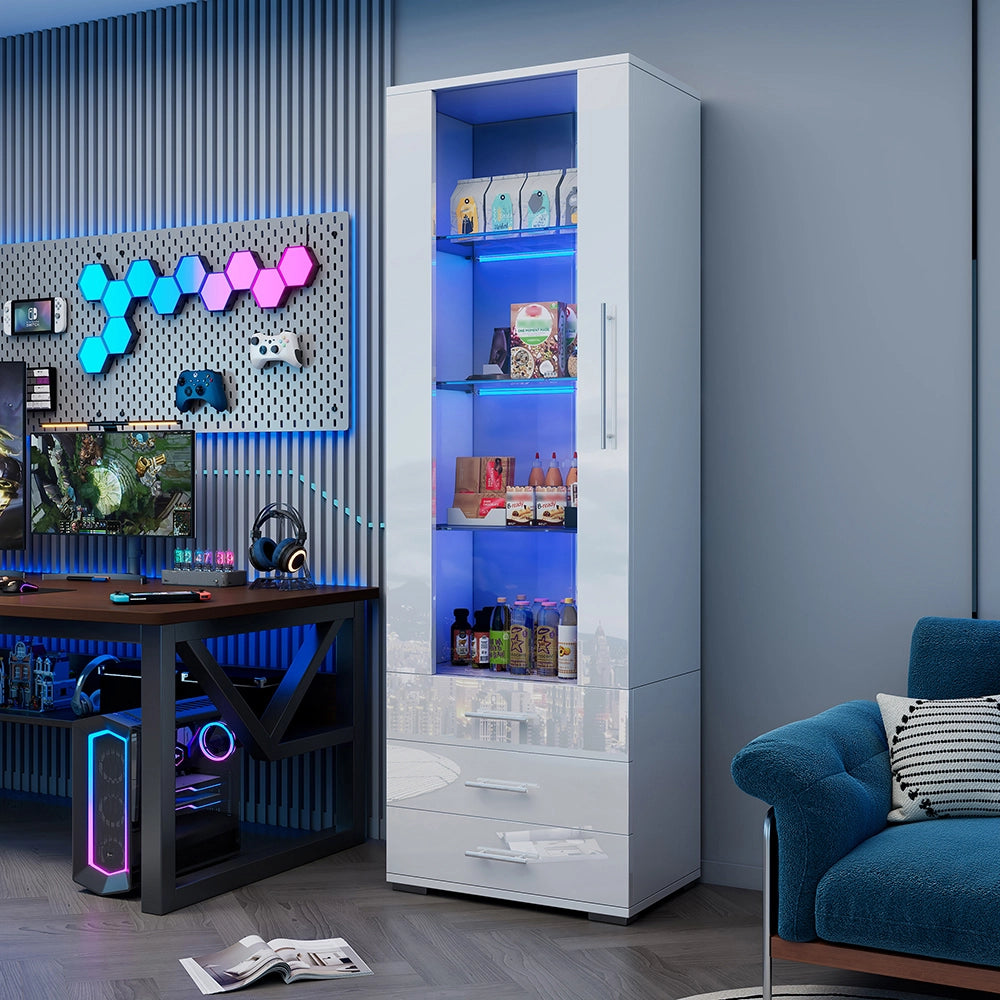 Vetrina bianca brillante con illuminazione LED - Xylo - 60x35x180cm - 3 cassetti