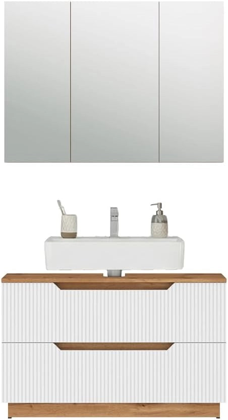 Set di mobili da bagno Lotta, Rovere/bianco a strisce, 2 parti