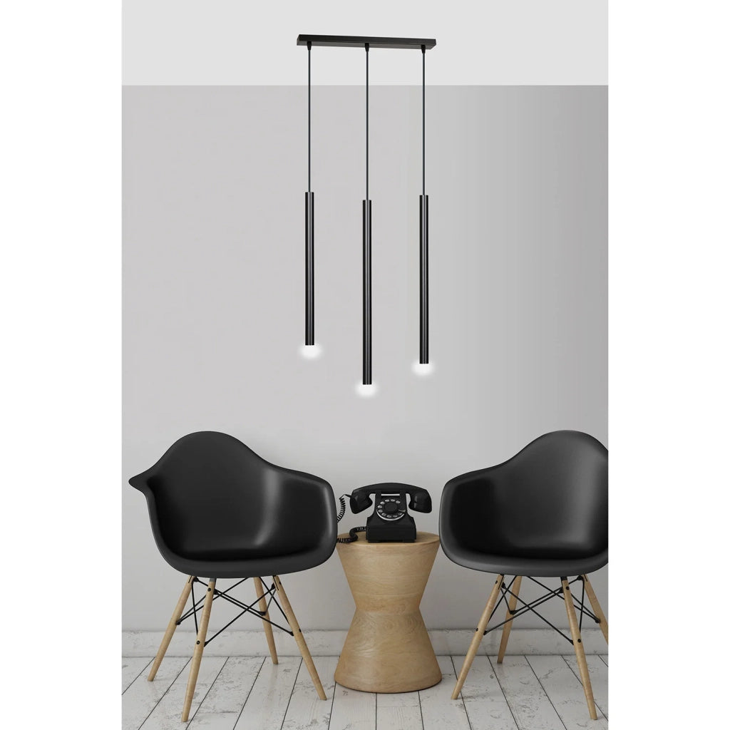 Lampadario 3 Luci Moderno Shu Acciaio Nero E Paralumi A Cilindri Sottili
