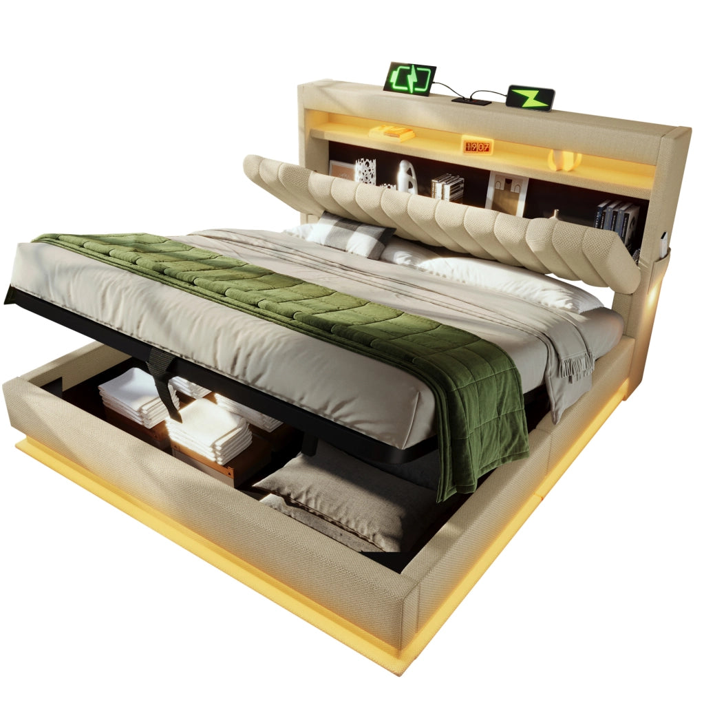 Letto 160x200 cm con contenitore idraulico; LED; USB e Type-C; in lino beige con materasso