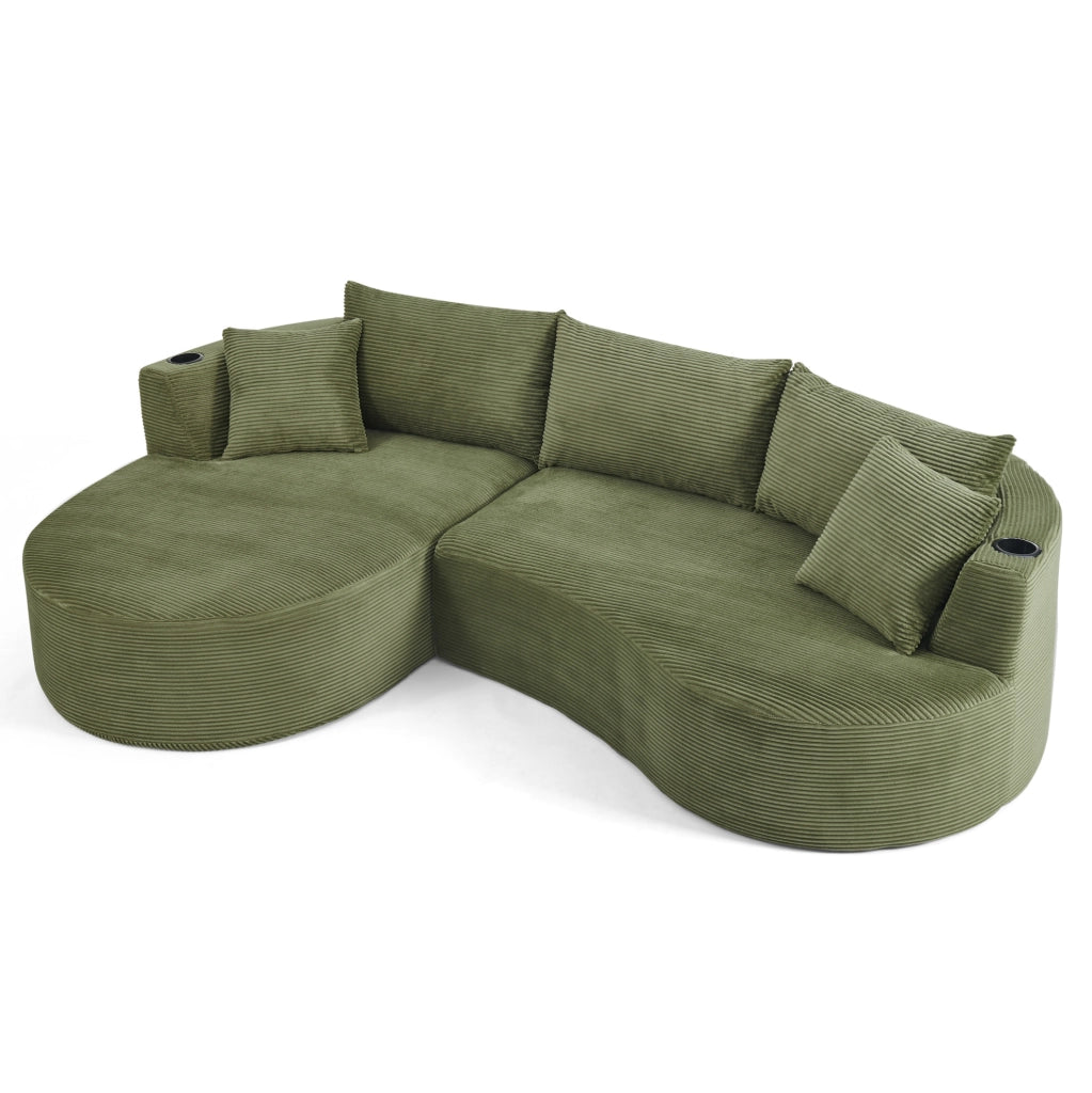 Divano 3 posti con portabicchieri; design arcuato; velluto a coste verde e cuscini