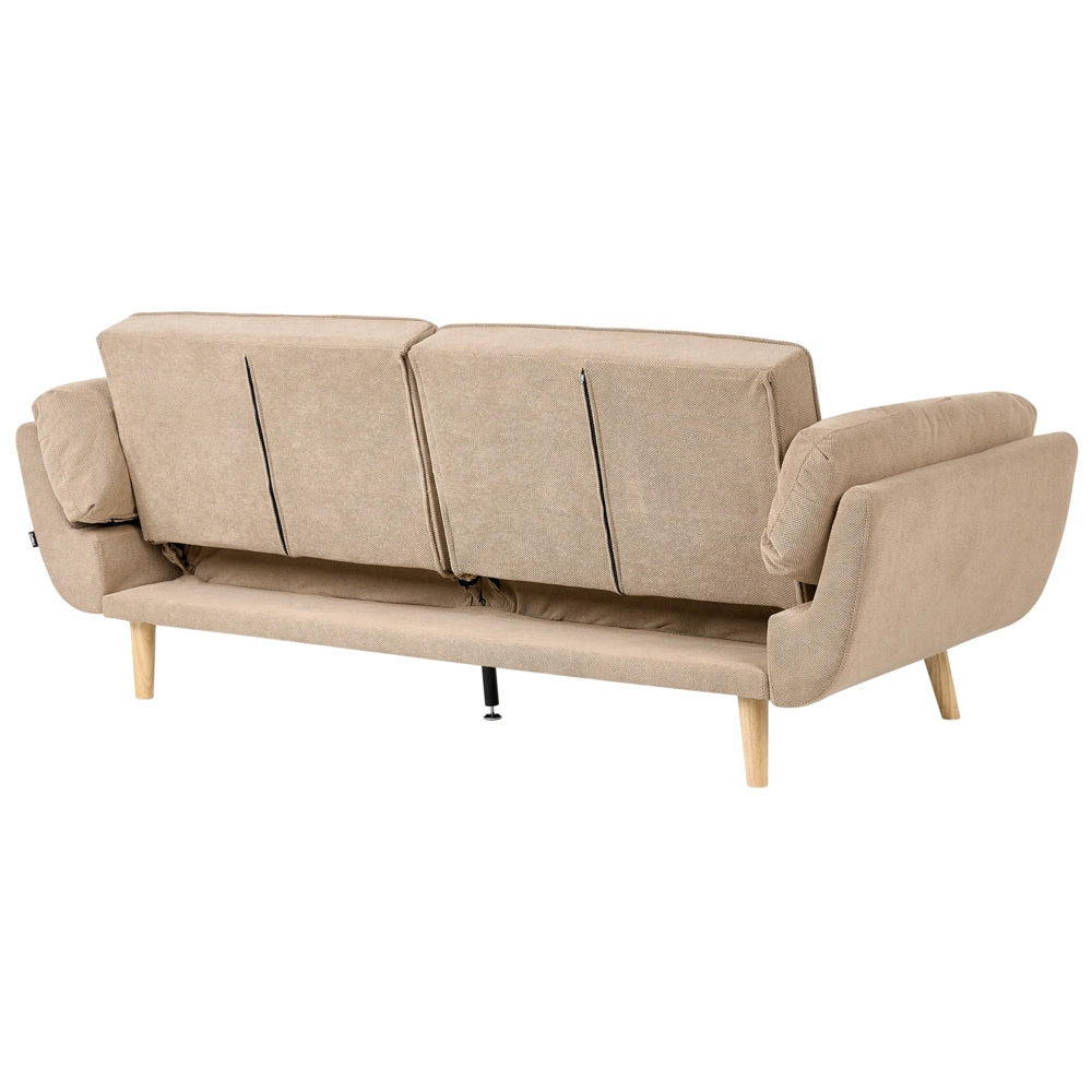 Divano Letto 3 Posti in Tessuto Marrone Chiaro con Gambe in Legno Imbottitura in Schiuma Schienale Diviso e Imbottitura Biscuit Idrorepellente
