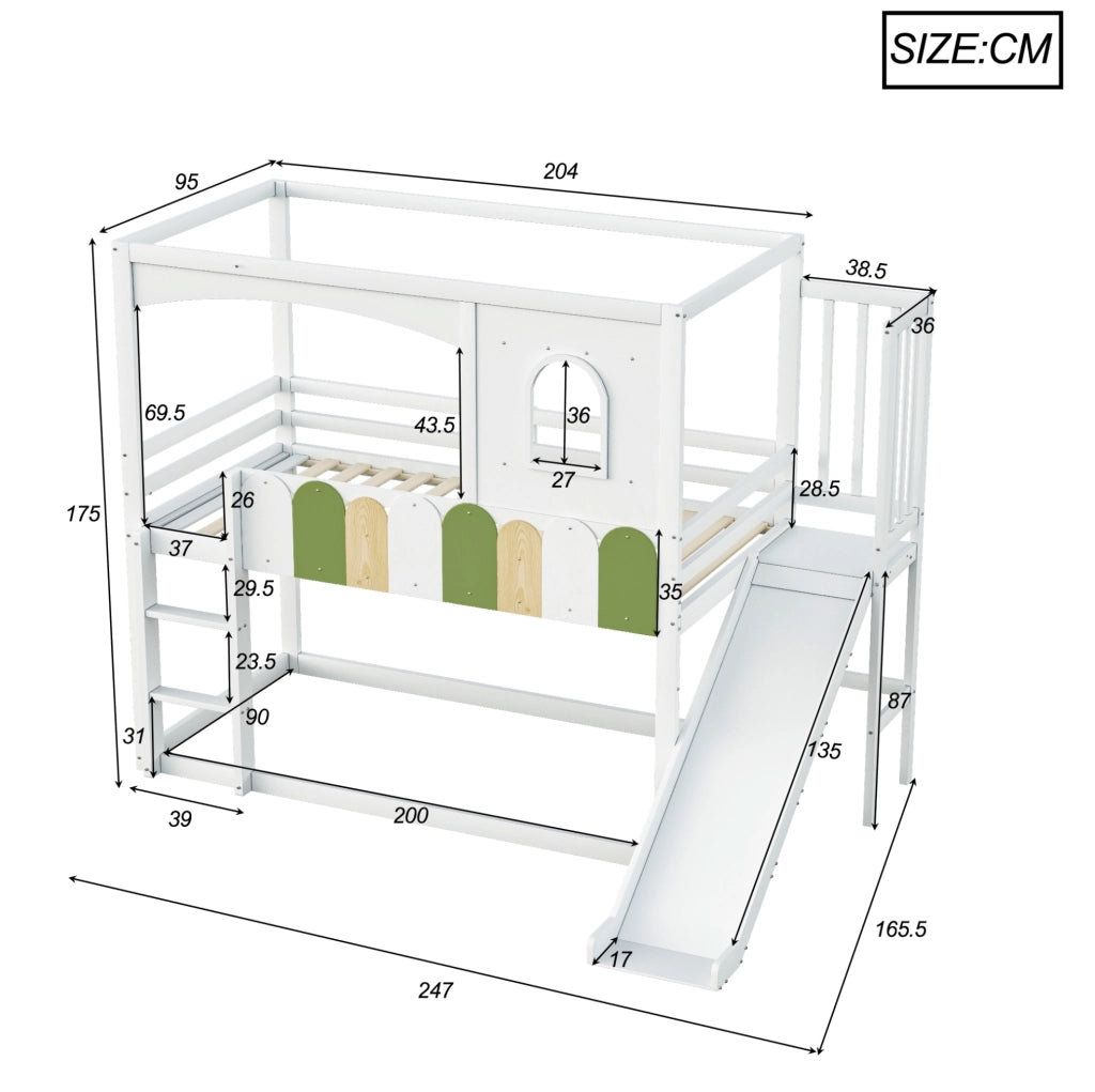 Letto a soppalco per bambini 90x200 cm con scivolo e scala; pino; compensato e MDF; bianco