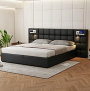 Letto matrimoniale imbottito 180x200 cm in PU nero con USB; ricarica wireless e contenitore