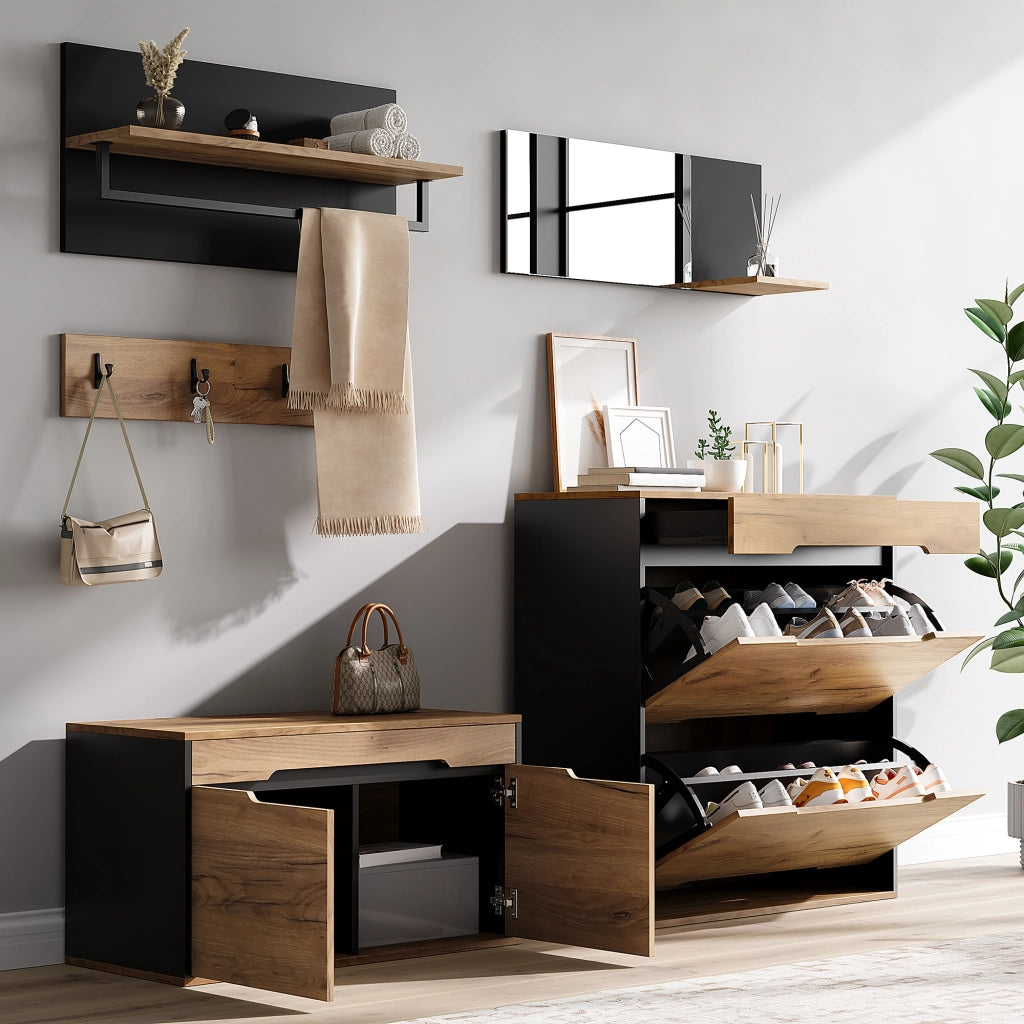 Set guardaroba modulare con scarpiera ribaltabile, panca portaoggetti, specchio e appendiabiti, Nero/Naturale, 156x36x176 cm